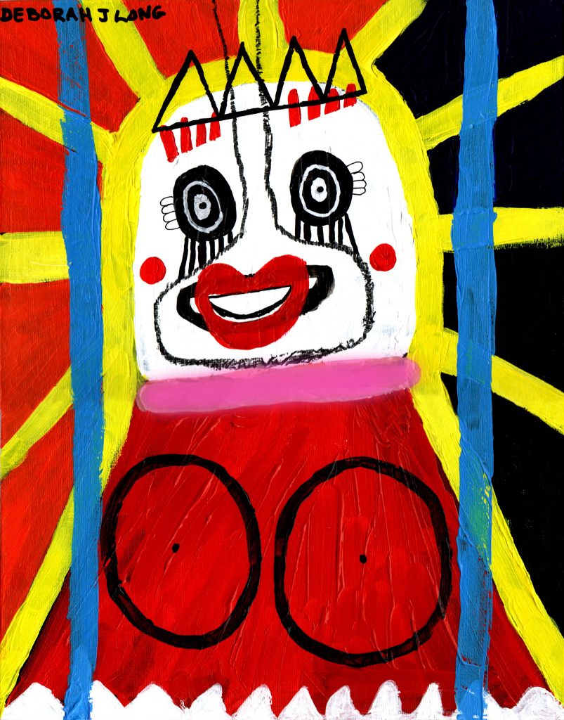 Acrylic painting stylised head and body with rays of sun beaming outwards