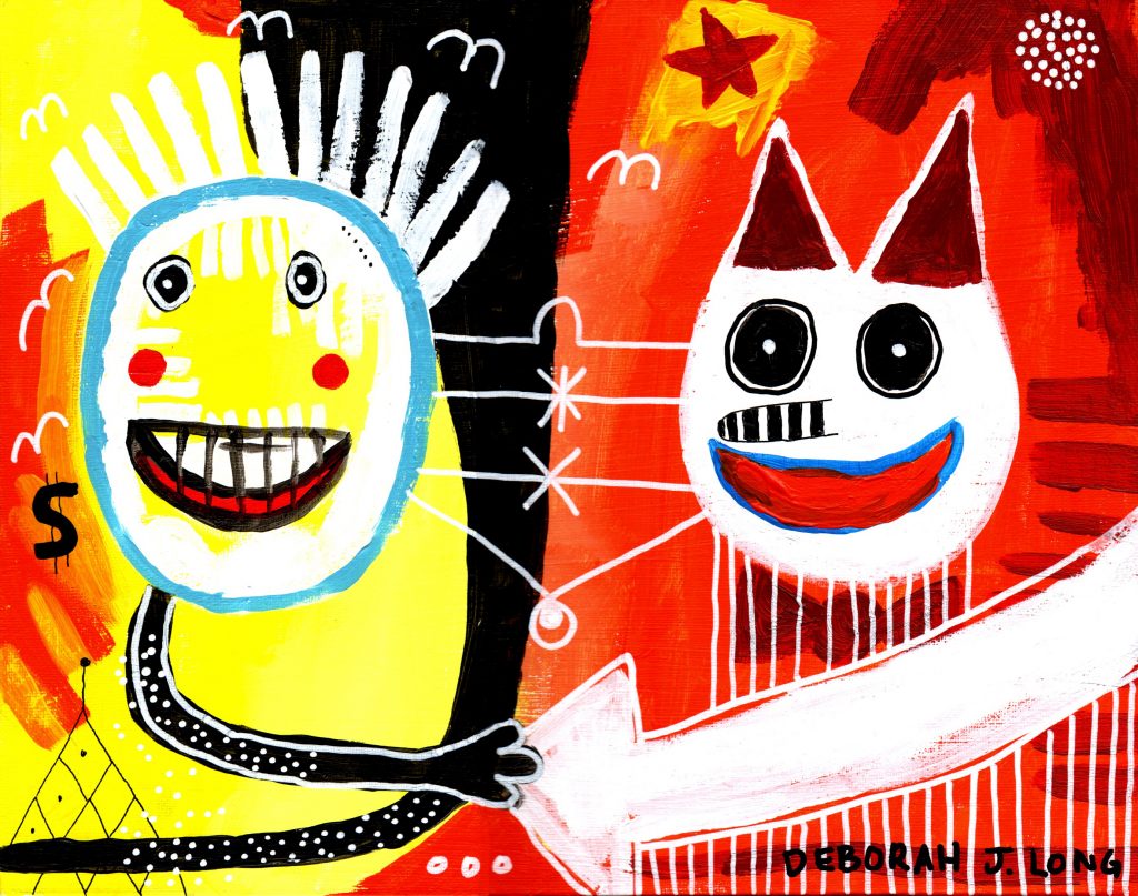 Stylized painting of a person and cat with lots of colours an layers